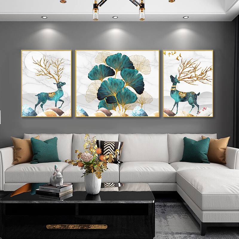 十字绣2021新款线绣客厅三联画简约麋鹿手工绣卧室银杏叶花卉满绣