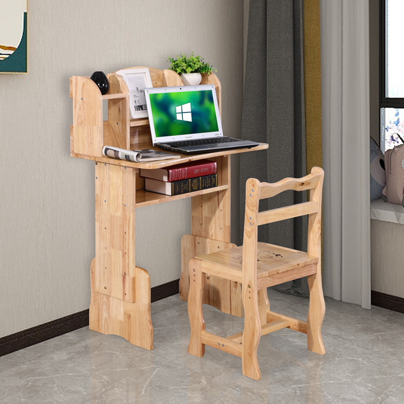 家用实木书桌小孩写字桌木桌子电脑桌带书架一体学生桌橡木桌简约