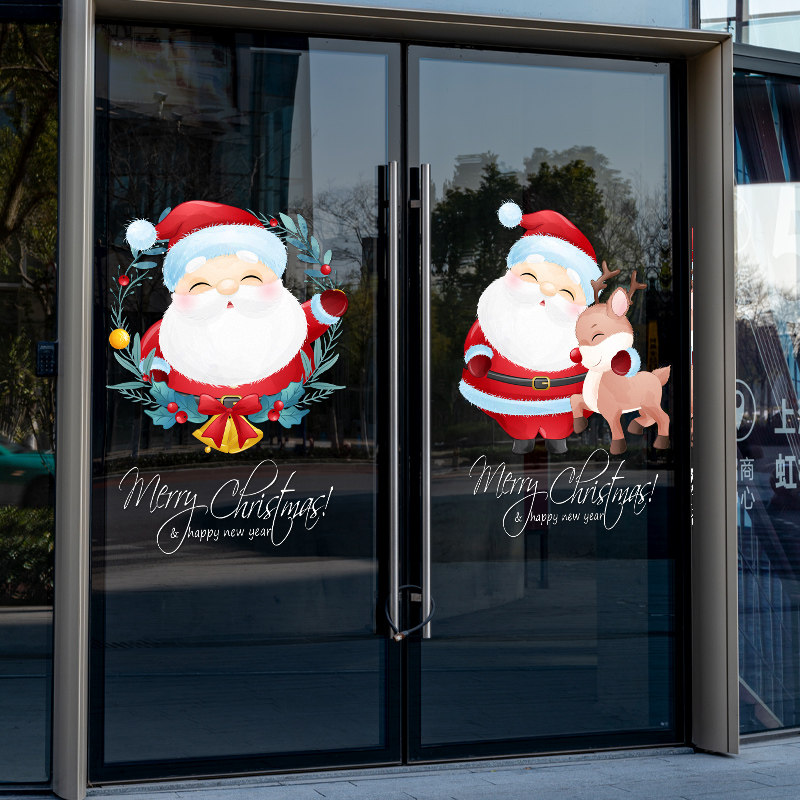 耶诞节可爱卡通老人雪人装饰静电无胶双面彩色贴纸玻璃拉门橱窗