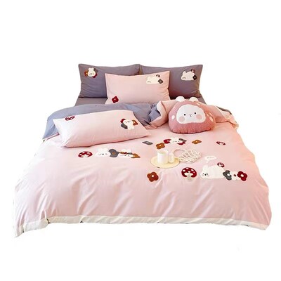 冬季加厚60支纯棉磨毛四件套儿童可爱全棉被套床上卡通兔子公主风