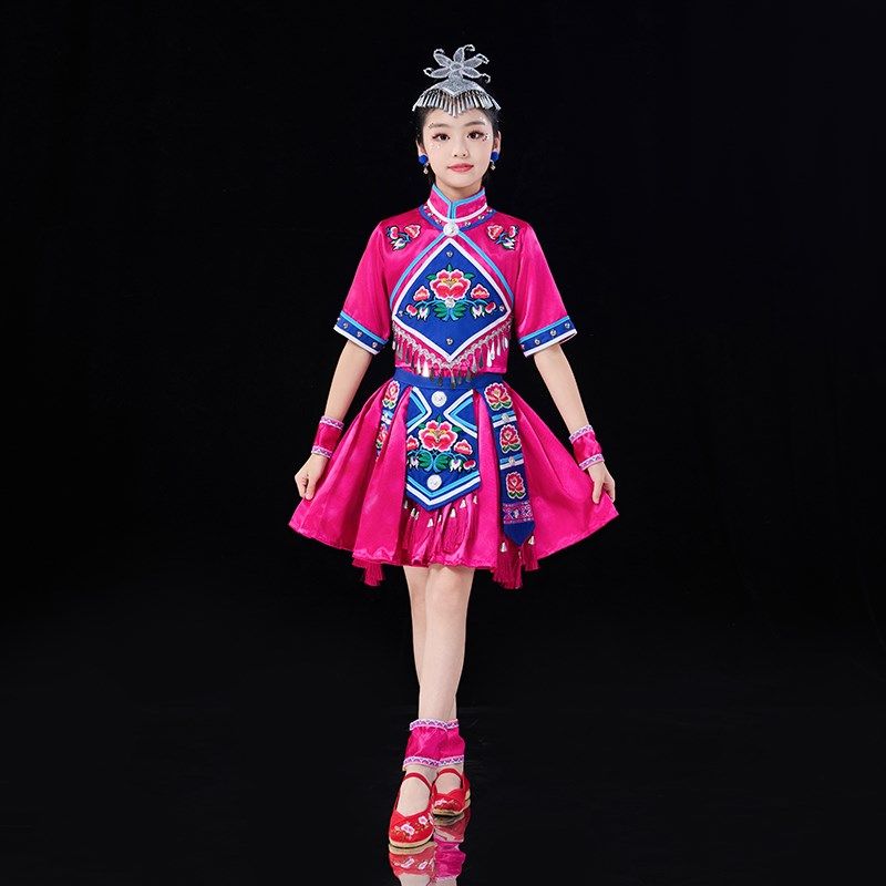 儿童壮族服装演出服女童少数民族苗族土家族舞蹈服瑶族表演三月三