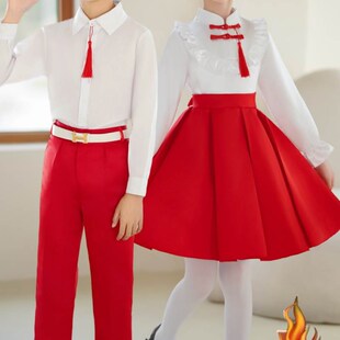 儿童演出服小学生男女童诗歌朗诵合唱服元旦中国风民乐团红色表演
