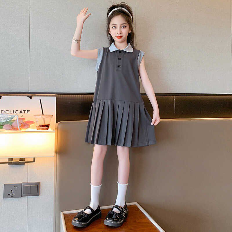 假两件百褶polo裙子女童连衣裙儿童装洋气女孩jk裙无袖夏季公主裙