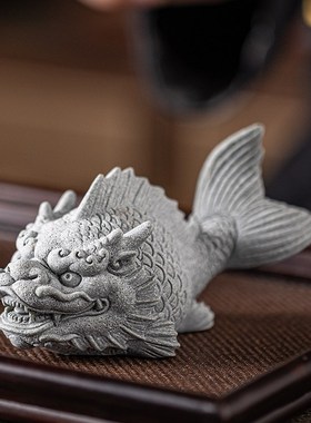 中式鱼化龙茶宠茶玩摆件青砂石创意龙鱼礼物桌面装饰鱼缸盆栽造景