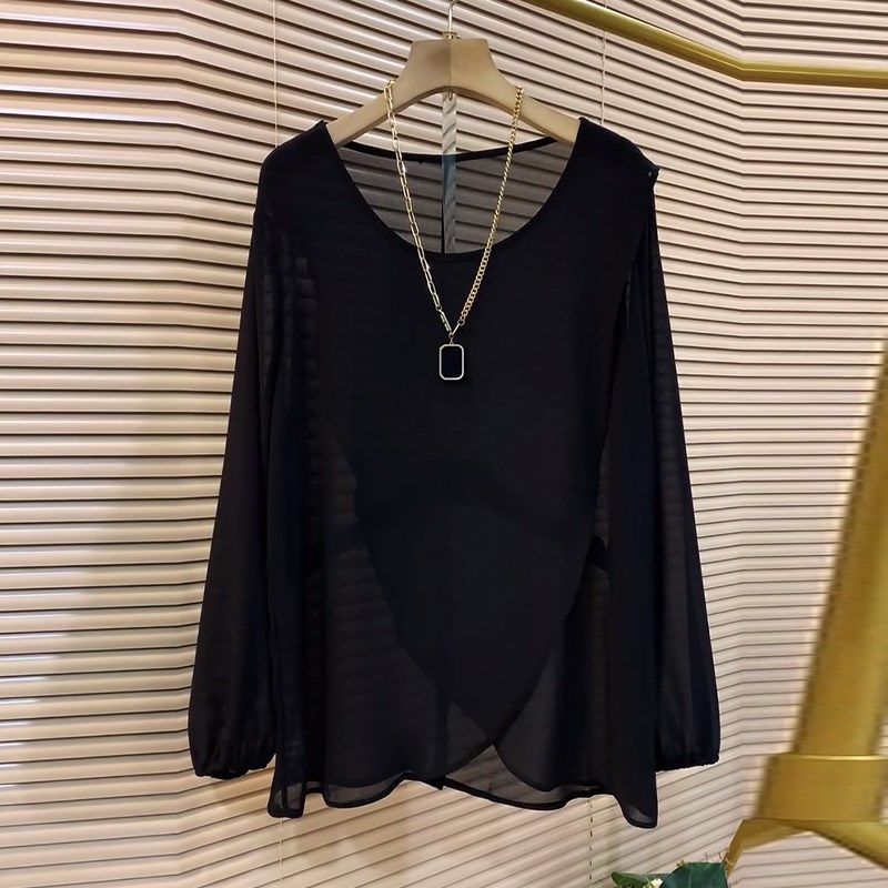 大码女装圆领松紧袖口底开叉网纱小衫胖妹妹黑色显瘦简约长袖上衣,女装/女士精品,大码内搭,淘宝优惠券,粉丝福利购,淘宝优惠卷