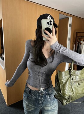 Xinlei Lin 层次设计感假两件交叠仿羊毛打底衫长袖T恤女秋季上衣