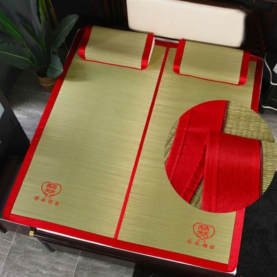 天然蔺草席结婚庆加密加厚1.5 1.8 2.0米双人三件套折叠草编凉席