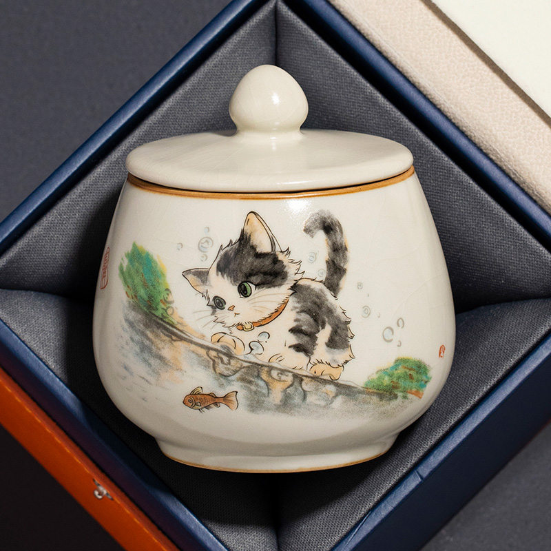 汝窑萌猫茶叶罐陶瓷储存罐茶叶精品高档包装盒空礼盒2024新款定制