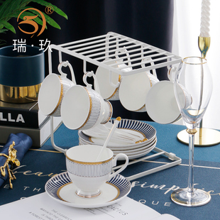 家用陶瓷咖啡具成套茶杯喝咖啡套具送架送勺 6套骨瓷咖啡杯碟套装