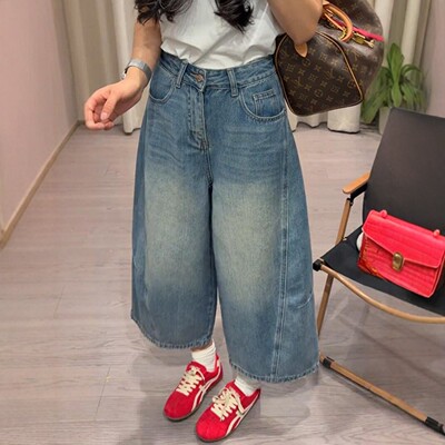 复古做旧蓝阔腿牛仔裤女2026夏季新款大尺码胖mm高腰显瘦宽松八分