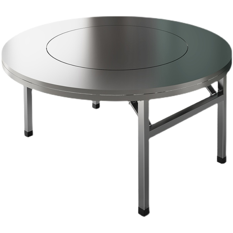 加厚全不锈钢转盘圆桌可折叠圆台面食堂家用商用餐桌吃饭桌子