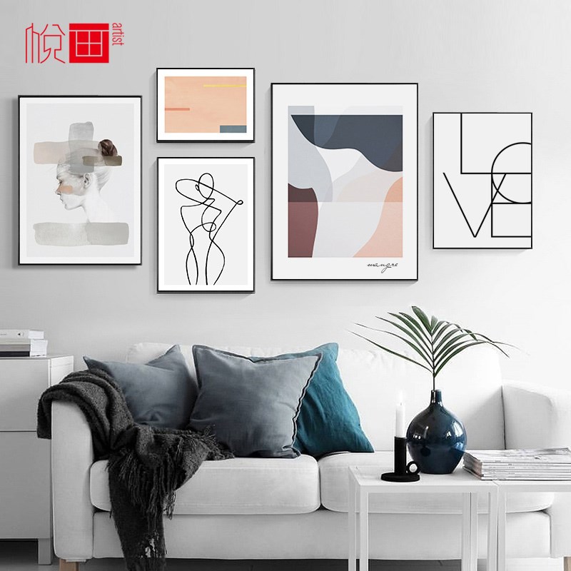 悦画 简约现代轻奢抽象几何人物线条人物五联组合装饰画客厅挂画图片