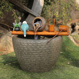 庭院石槽鱼缸客厅树脂循环仿竹排流水水循环流水喷泉加湿增氧