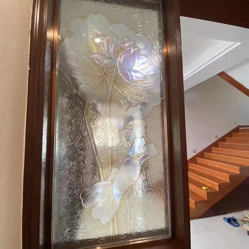 定制浮雕艺术玻璃隔断屏风客厅玄关背景轻奢简约雕刻钢化透光荷花