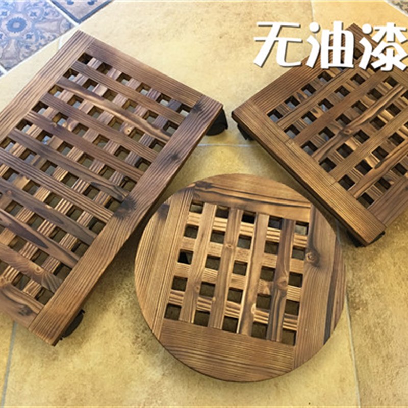 花盆托盘 滚轮实木万向轮花托 客厅盆景架松木圆形长方形花架