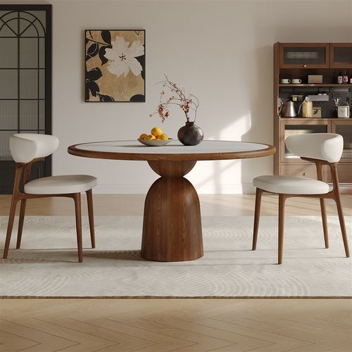 中古风实木岩板餐桌小户型圆桌圆形带转盘家用饭桌复古餐桌椅组合