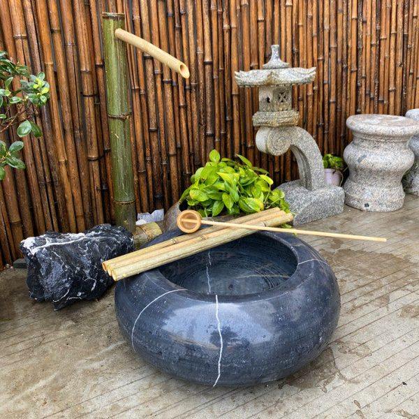 石钵流水户外庭院水景造景惊鹿竹子流水摆件石槽日式水钵花园石盆