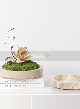 新中式圆形黄色大理石苔藓花盆软装样板房绿植客厅茶几洽谈桌摆件