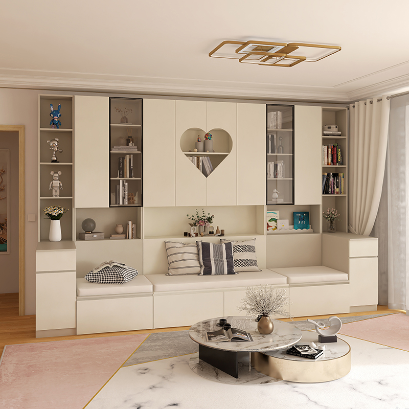 沙发储物柜一f体去客厅化书柜整墙到顶卡座式书架带玻璃门柜子定