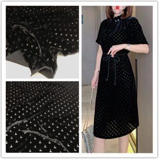 真丝植绒桑蚕丝面料宽幅镂空黑底T字烧花透视丝绒旗袍连衣裙布料