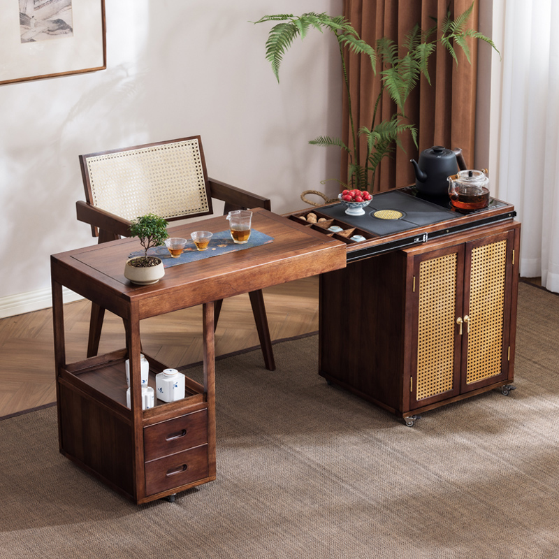 胡桃木伸缩茶桌移动茶台烧水壶一体茶柜泡茶办Q公两用桌阳台小茶
