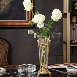 花瓶摆件客厅花插欧式水晶配铜真花插假花轻奢客厅小花器装饰