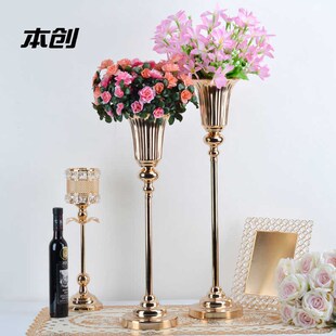 饰花瓶摆 婚庆道具电镀铁艺路引婚礼布x置金色花器家居餐桌插花装