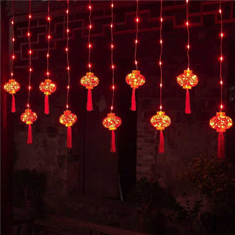户外太阳能红灯笼过年窗帘灯春节小彩灯挂灯家用大门阳台装饰布置