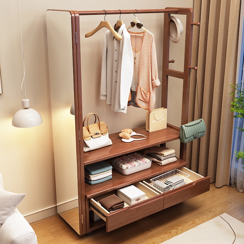 实木挂衣架穿衣镜一体衣帽架带镜子落地卧室全身镜多功能收纳架子