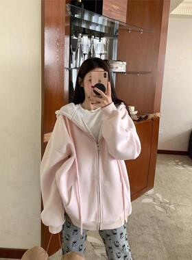 可可里自制~美式宽松拼色连帽大卫衣秋冬新款中长款加厚外套女ins