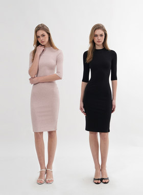 Jim Kennet半高领针织中袖坑条修身包臀中长裙