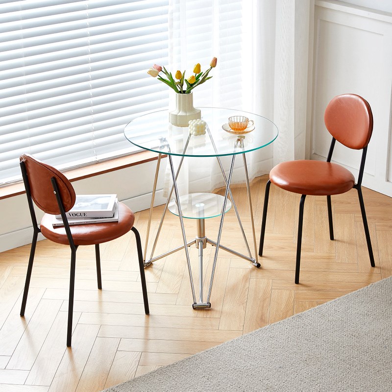 休闲阳台钢化玻璃桌圆形小餐桌洽谈桌茶桌圆桌面中古风复古桌茶几