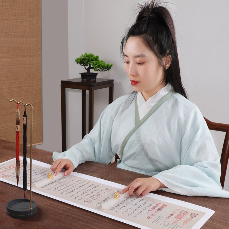 书法镇纸镇尺笔搁黄铜玉石压纸镇纸毛笔镇尺创意国潮玉鹿镇纸尺书