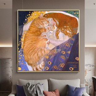 晚安梦猫里姆特艺术恶搞装饰画卧室房间床头挂喵题馆艺术画