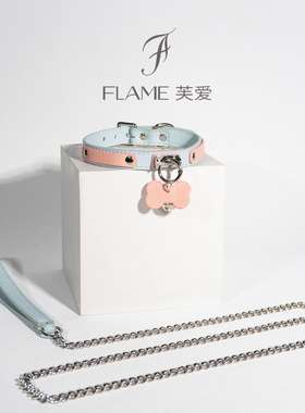 真皮牛皮粉蓝puppy项圈女M铃铛K9颈圈带牵引链定制刻字