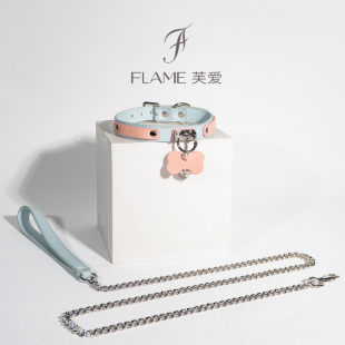 真皮牛皮粉蓝puppy项圈女M铃铛K9颈圈带牵引链定制刻字
