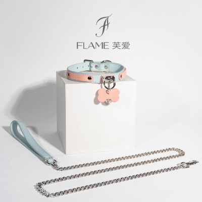 真皮牛皮粉蓝puppy项圈女M铃铛K9颈圈带牵引链定制刻字