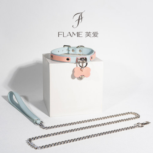 真皮牛皮粉蓝puppy项圈女M铃铛K9颈圈带牵引链定制刻字