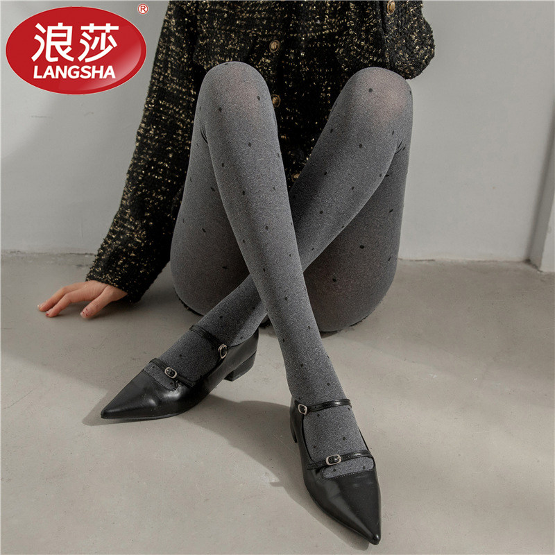 浪莎麻灰波点连裤袜加厚春秋冬季压力显瘦miu外穿不掉档打底裤袜