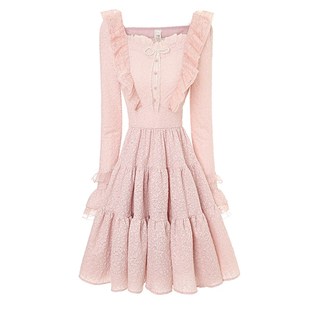 艾丽丝2025春季新款仙女针织连衣裙粉色短款蛋糕裙显瘦甜美公主裙