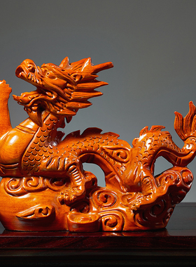 实木雕十二生肖龙摆件青龙戏珠老板办公桌工艺品摆设店铺开业礼物