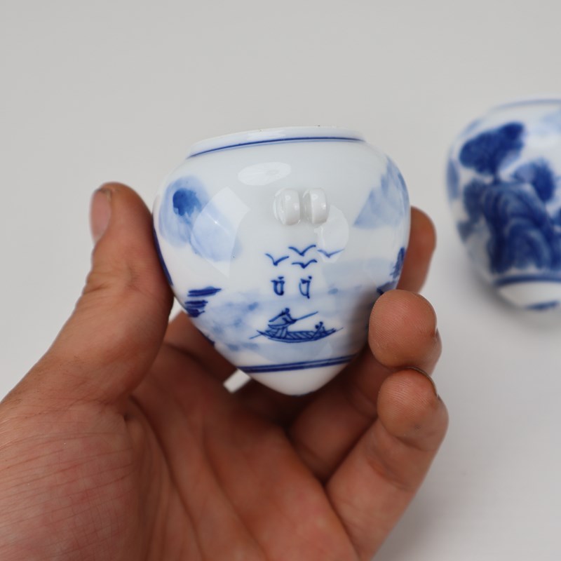 画眉鸟食罐青花鸟杯杯子瓷碗八哥蜡嘴高白鸡心手绘山水竹鸟笼配件