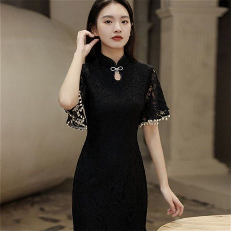 旗袍改良鱼尾礼服2024新款黑色蕾丝连衣裙夏季气质显瘦年轻款少女