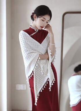 薄款复古白色旗袍披肩女外搭2024新款春夏季新娘结婚订婚外套开衫