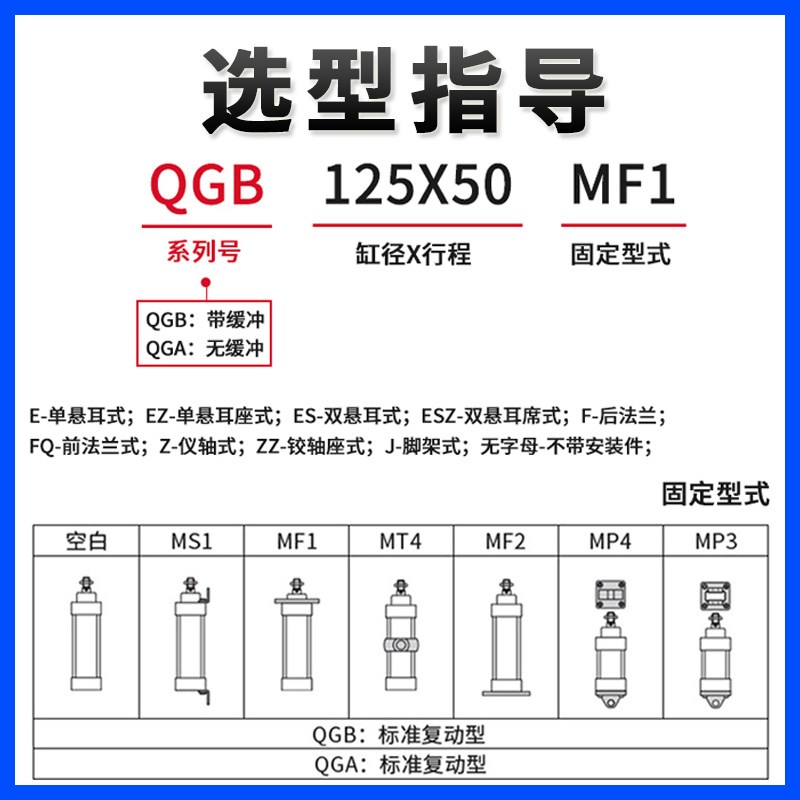 QGB重型气动元件大缸定制非标铁气缸可调行程QGA QGS大推力50 100