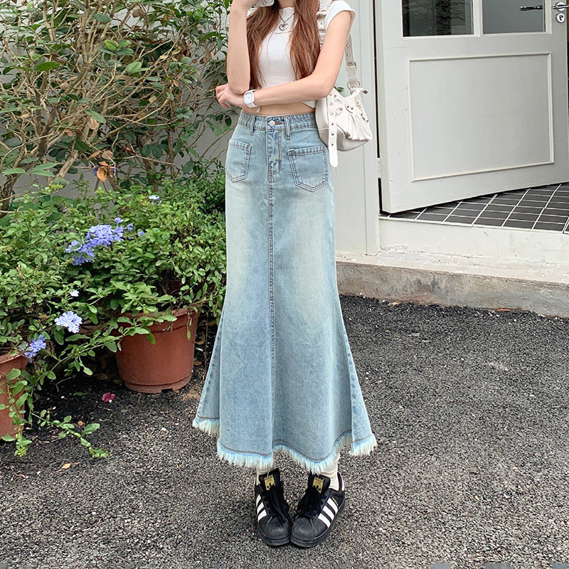 美式复毛边牛仔半身裙女夏季2024新款小个子中长款高腰鱼尾a字裙,女装/女士精品,半身裙,淘宝优惠券,粉丝福利购,淘宝优惠卷