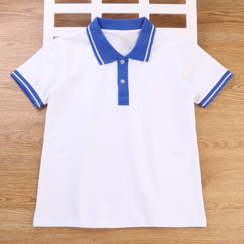 学生校园服白色POLO衫T恤夏季中小学生校服短袖宝蓝领子透气上衣