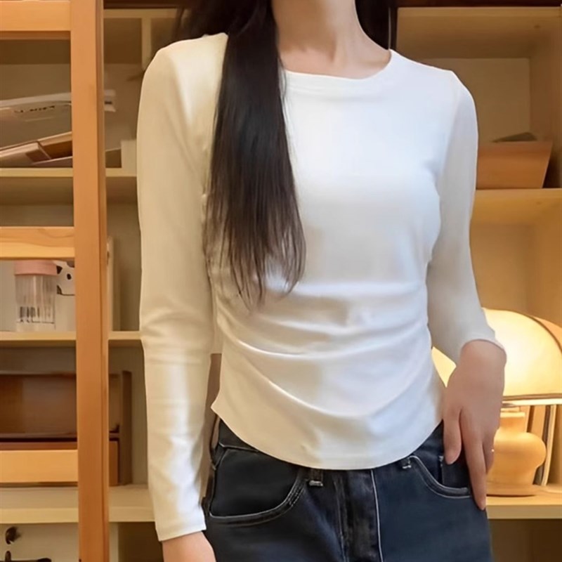 白色t恤女长袖春秋冬圆领修身紧身褶皱上衣小个子短款德绒打底衫