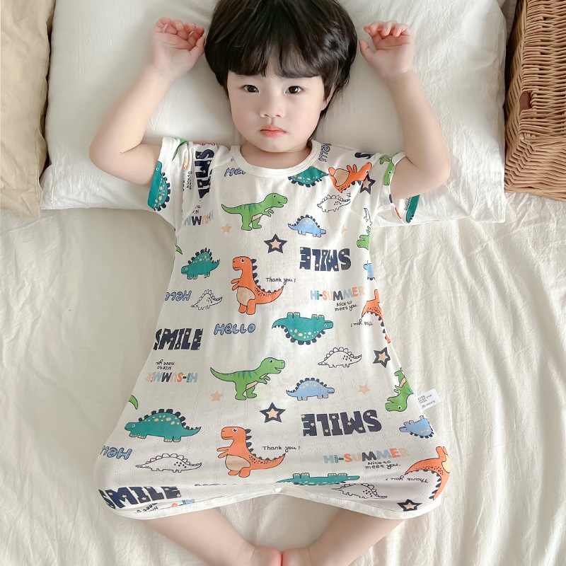 儿童连体睡衣夏季男童短袖1一2岁宝宝恐龙睡袍薄款男宝连身防着凉