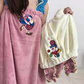 可爱气球小猪吊带浴裙女吸水速干居家洗澡大人可穿式 浴袍珊瑚绒